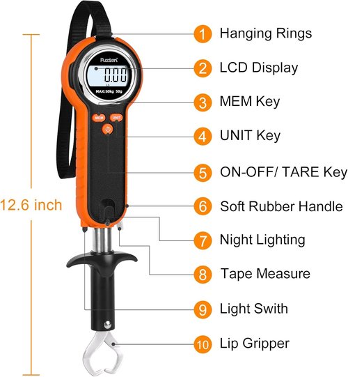 Fuzion Professional Fishing Scale - 110lb Capacity, Waterproof Design, Night Light & Memory | Portable Weigh Kit with Lip Gripper, Batteries & Pouch