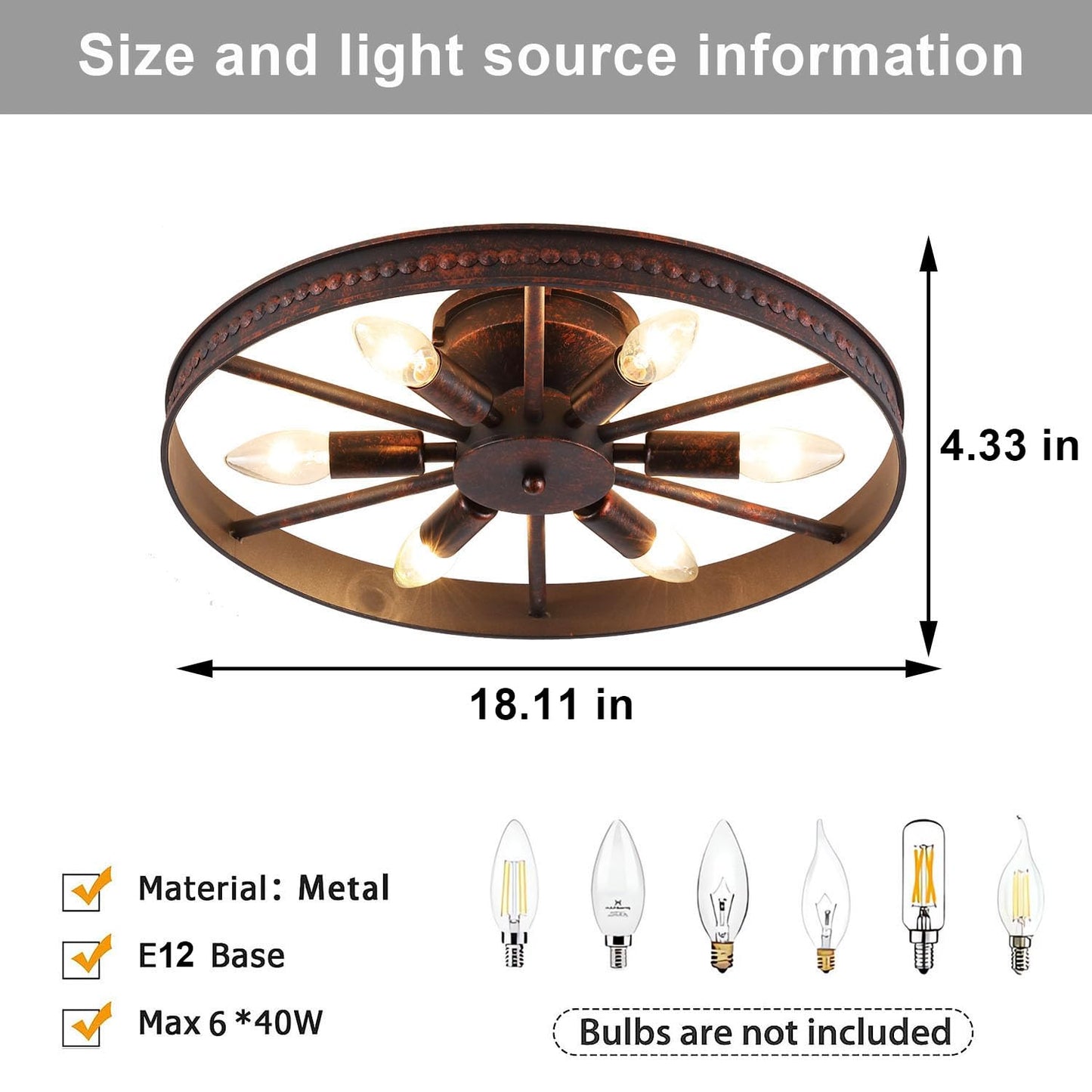 Modxian Farmhouse Round Semi Flush Mount Ceiling Light Red Rust Finish Dining Room Lighting Fixture Vintage Metal Ceiling Chandelier for Kitchen Bedroom 6 Light E12 φ18 Inches (6 Light)