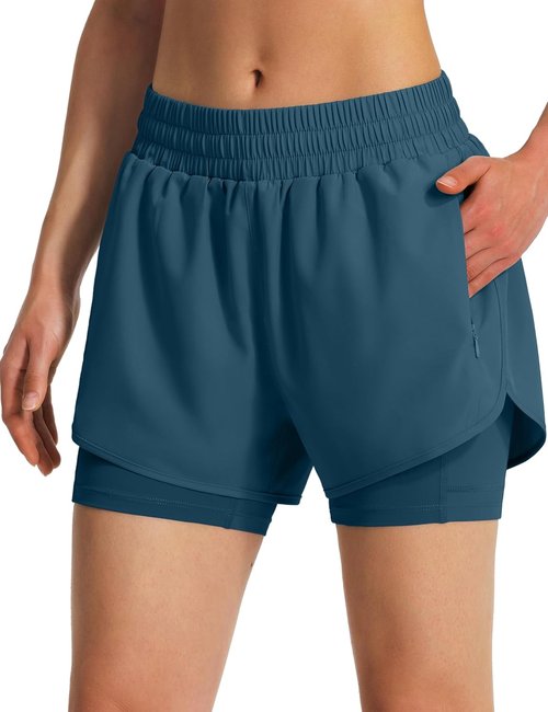 Ksmien Women's 2-in-1 Running Shorts - Quick Dry Athletic Gym Workout Shorts with Liner & Phone Pockets