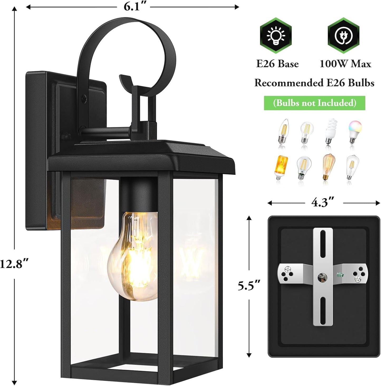 Modern Waterproof Outdoor Wall Light Fixtures - 2-Pack Black Porch Lanterns for Front Door & Garage