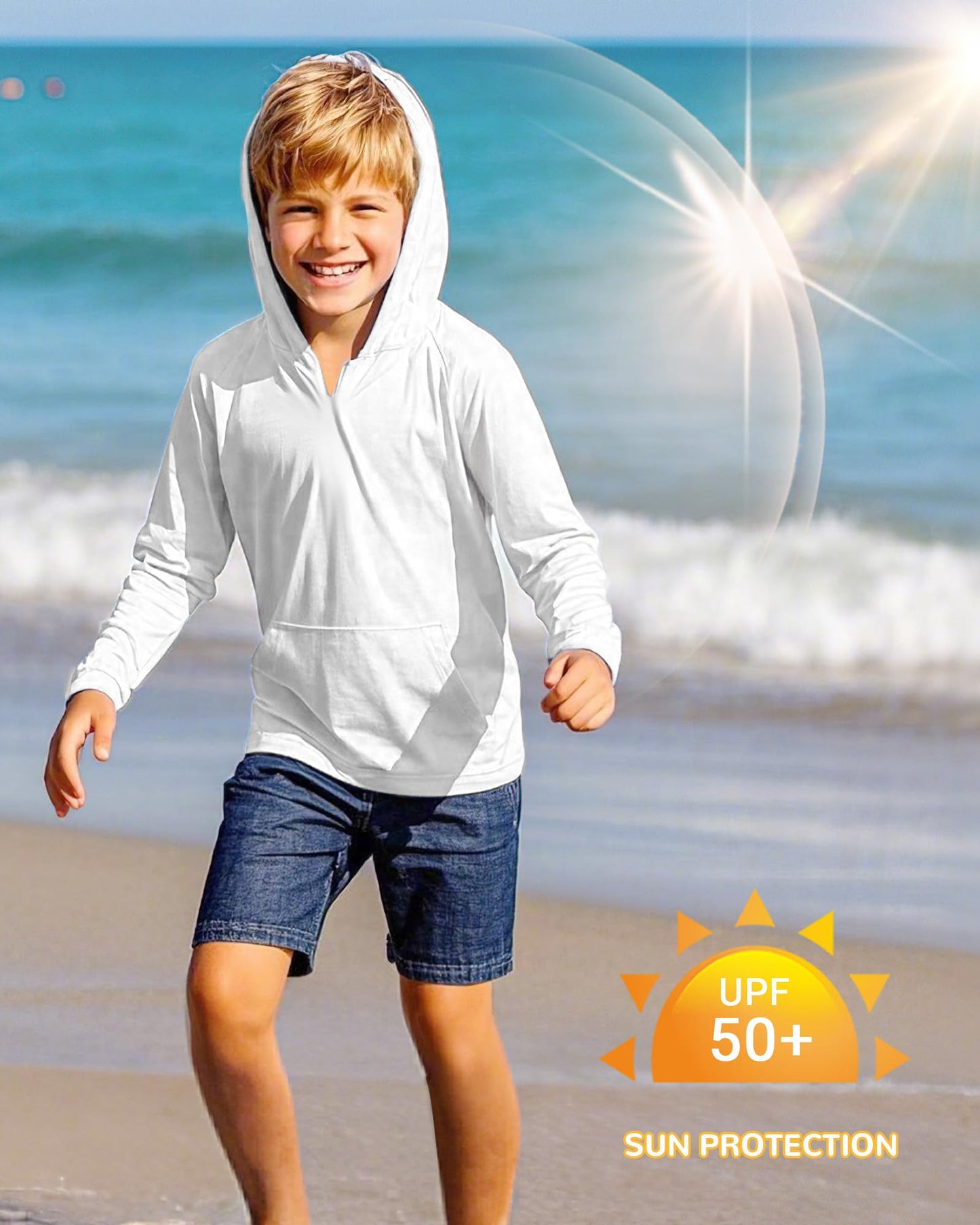 Poekuao Boys UPF 50+ Sun Protection Rash Guard Hoodie Swim Shirt Kids Long Sleeve Fishing Shirts Lightweight Rashguard with Pocket White L