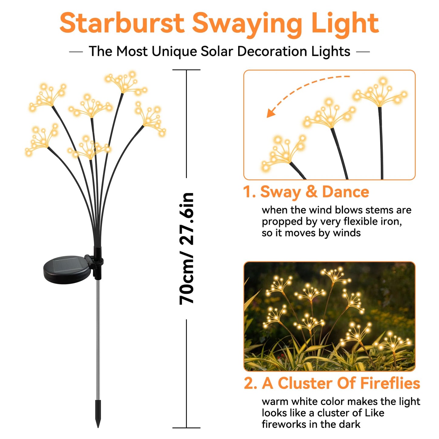 JJGoo Solar Garden Lights, New Upgraded 2 Pack Solar Swaying Starburst Light, Waterproof Fireworks Outdoor Lights, Yard Patio Pathway Decoration, Warm White