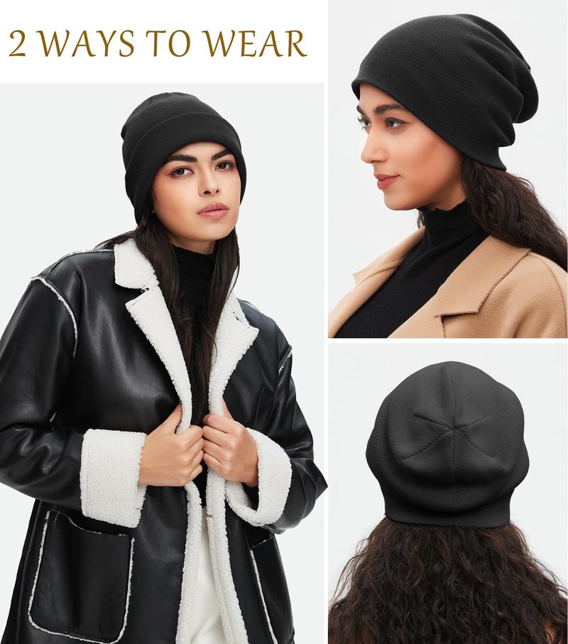 Simapu 100% Cotton Beanie for Women Men,Double-Layer Knit Warm Winter Hat Soft Cuff Fisherman Beanies Hats Slouchy Skull Cap Black