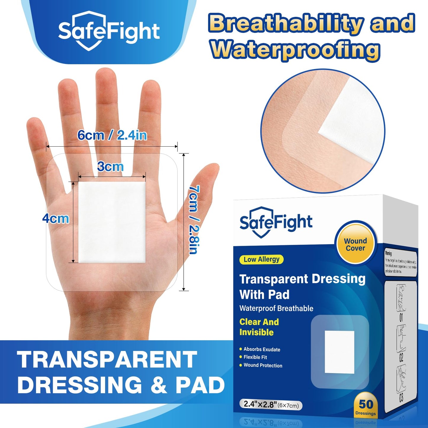 SafeFight Transparent Film Dressing with Absorbent Pad, 2.4" x 2.8", 50 Pack Sterile Transparent Film Dressing Waterproof Bandages for Wound Care, IV Protection, Tattoo Aftercare & Shower Cover