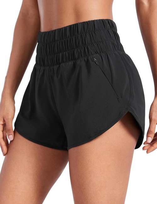 CRZ YOGA High Waisted Dolphin Running Shorts - Women's Athletic Gym Shorts with Mesh Liner & Zipper Pocket