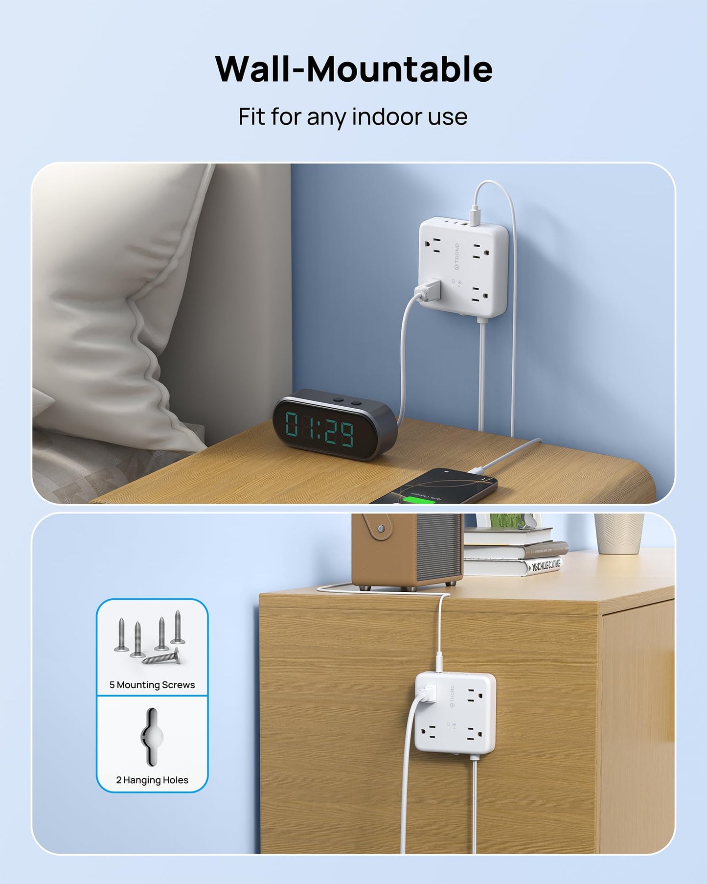 TROND 2 Prong Power Strip - 2 Prong to 3 Prong Outlet Adapter, Polarized Flat Plug, 4 AC & 4 USB, 5ft Extension Cord, Wall Mountable Surge Protector Outlet for Non-Ground Socket in Old House, White