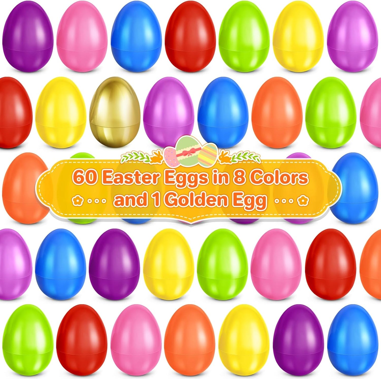 SpringFlower 60 Pcs Colorful Unfilled Easter Eggs - 2.3” Plastic Eggs with 1 Golden Egg for Candy & Treats