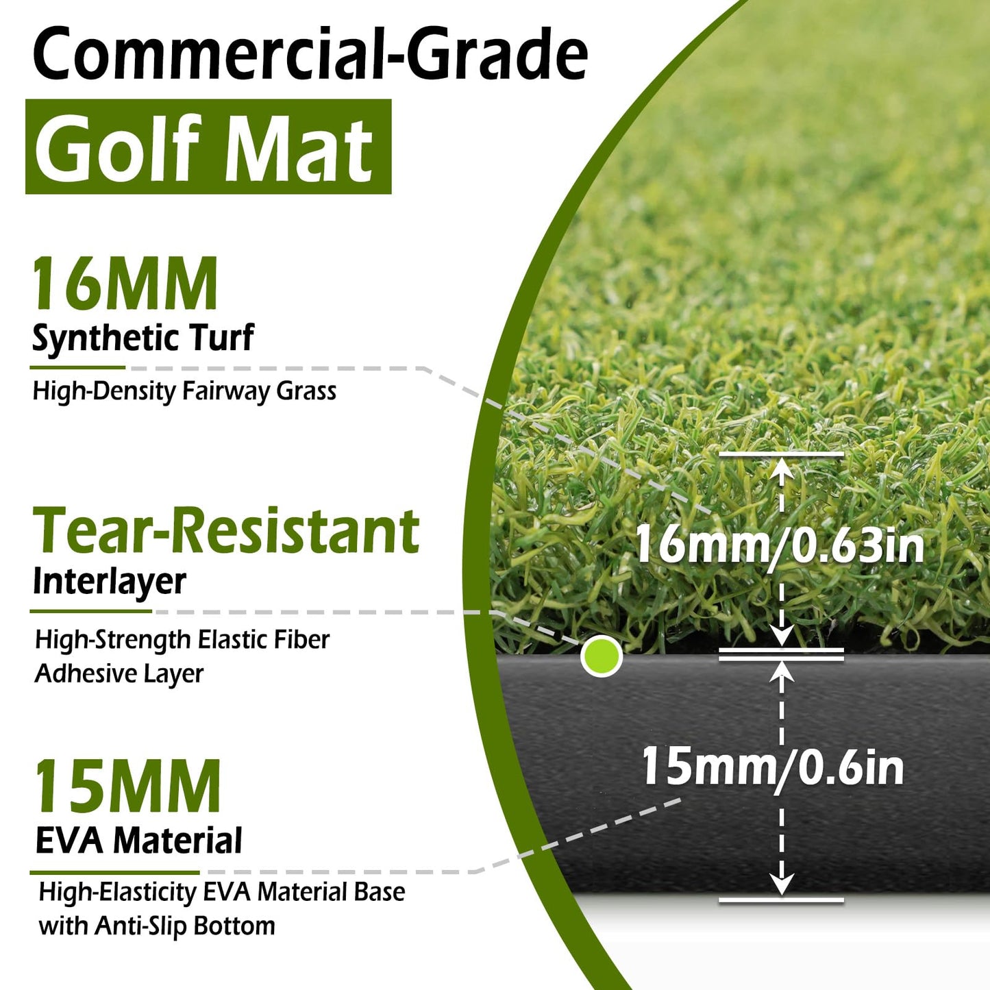 Bearwill Golf Mat 31mm, 5ft x 4ft Golf Hitting Mat for Indoor Outdoor Practice, High-Elasticity Elite Artificial Grass Simulator Turf Mat for Chipping Swing Driving Training