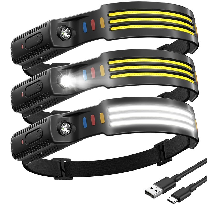 Sogdeco (3-Pack) Headlamp Rechargeable, 230° COB Wide Beam Head Lamp Headband, 5 Modes Headlight Led Head Band, Head Lights for Forehead, Waterproof Headlamps for Adults Running Hard Hat
