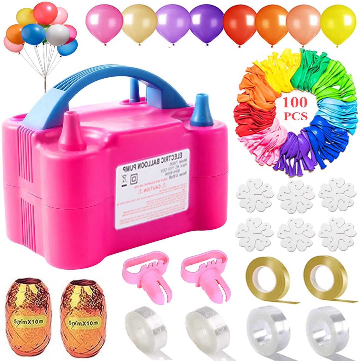Electric Air Balloon Pump, Portable 110V 600W Dual Nozzle Electric Blower Air Pump Inflator for Decoration Party with Balloons, Tying Tool and Accessories (Rose Red)