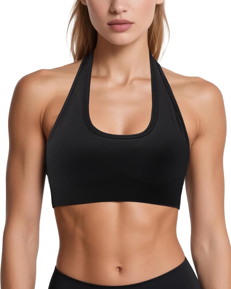 iMuchic Halter Sports Bra for Women - Seamless Open Back Padded Impact Halter Bras for Women with Removable Cups