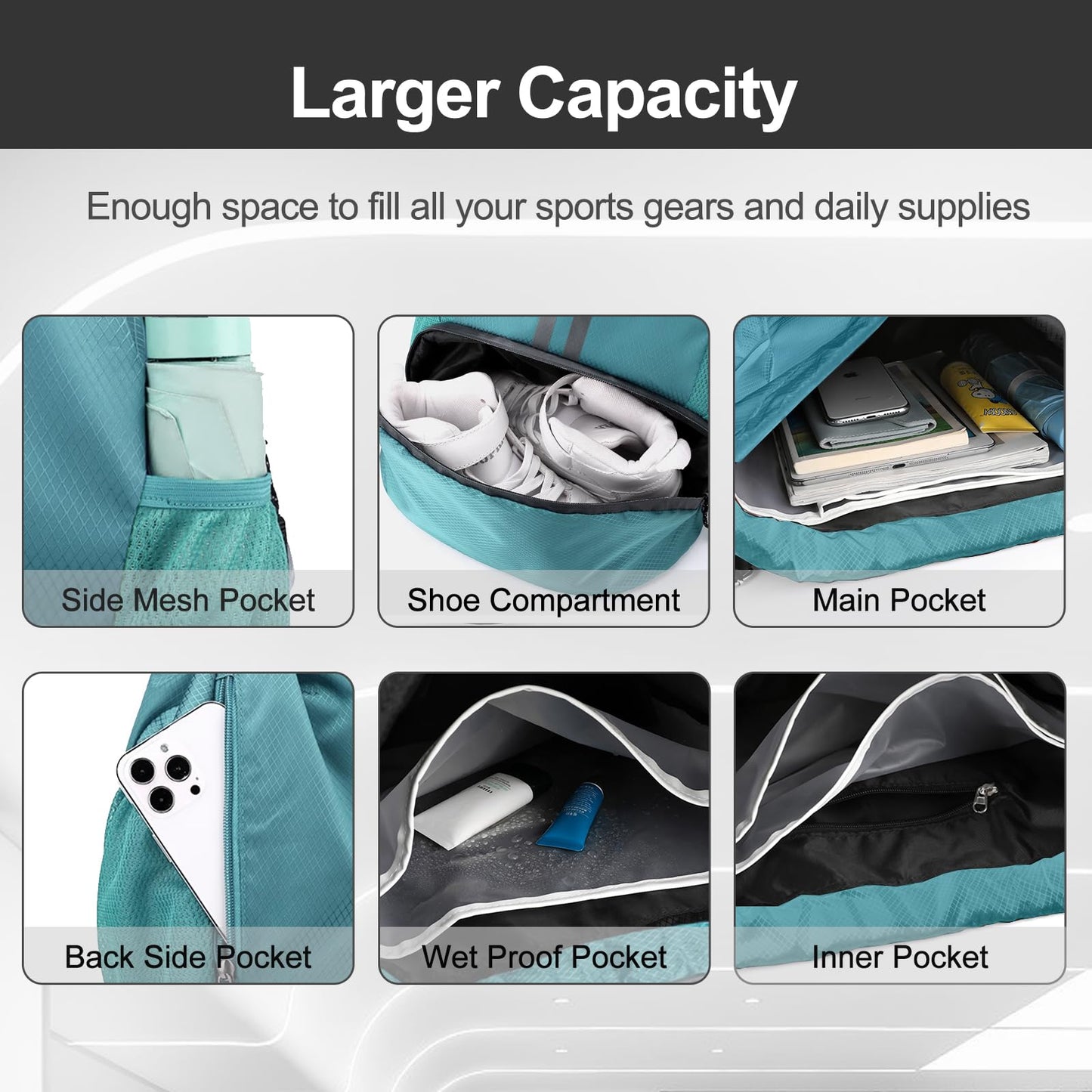 Hoedia Sports Drawstring Backpack - String Swim Gym Bag with Shoes Compartment and Wet Proof Pocket for Women/Men (Teal)