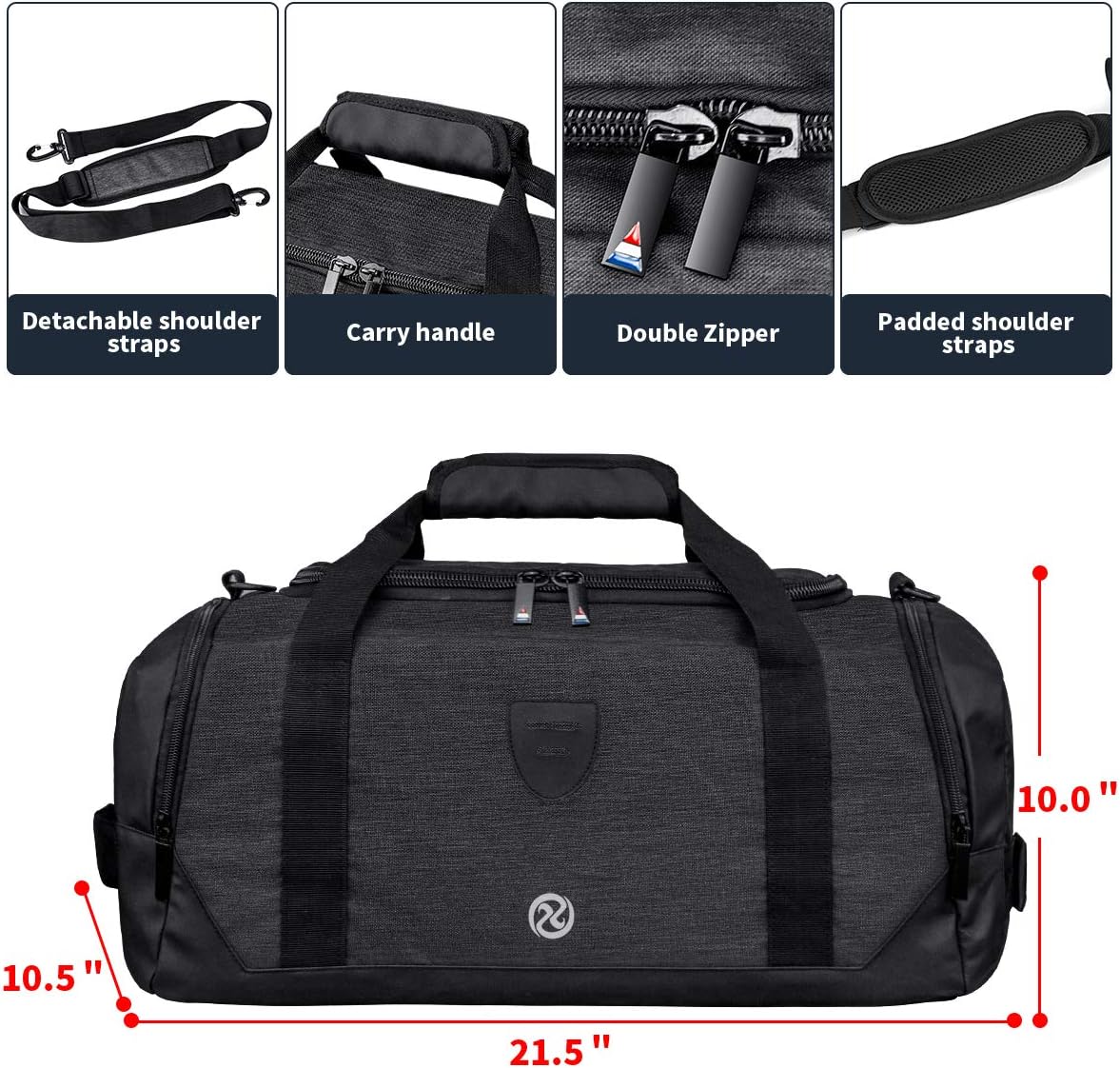 Skiennix Gym Duffle Bag - Waterproof Sports Duffel with Shoe Compartment | Black Travel Weekender for Men & Women