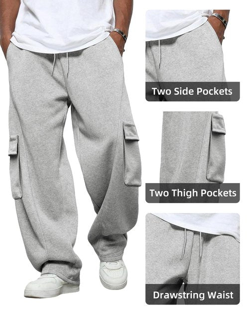 BUXKR Men's Baggy Sweatpants Wide Leg Fleece Casual Joggers Cotton Loose Drawstring Elastic Waist Pants with Pockets Light Grey
