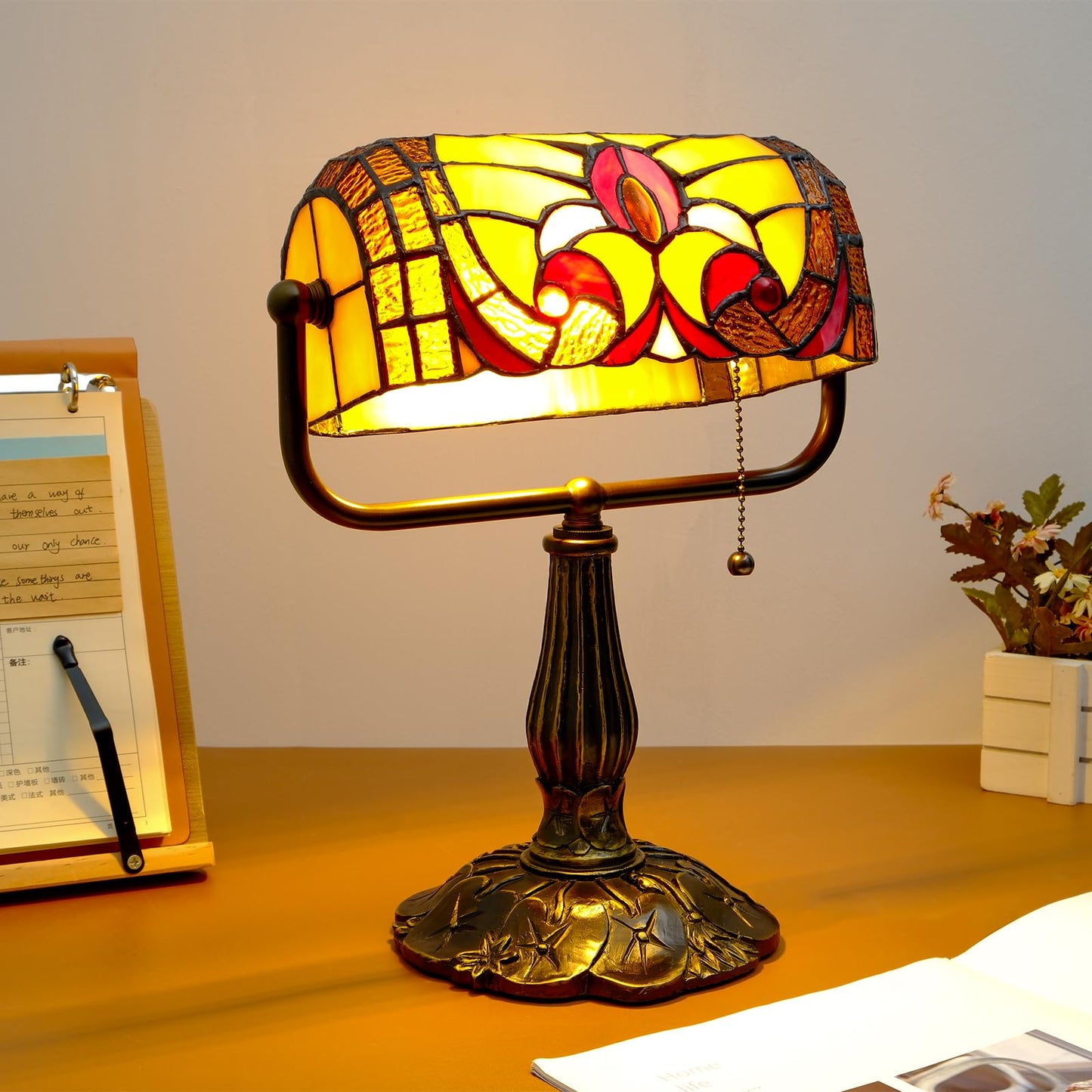 Tiffany Style Bankers Lamp - Stained Glass Desk Lamps with Baroque Design & Pull Chain, Vintage Table Lamp Bankers Desk Light for Office Bedroom Nightstand Living Room LED Bulb Included