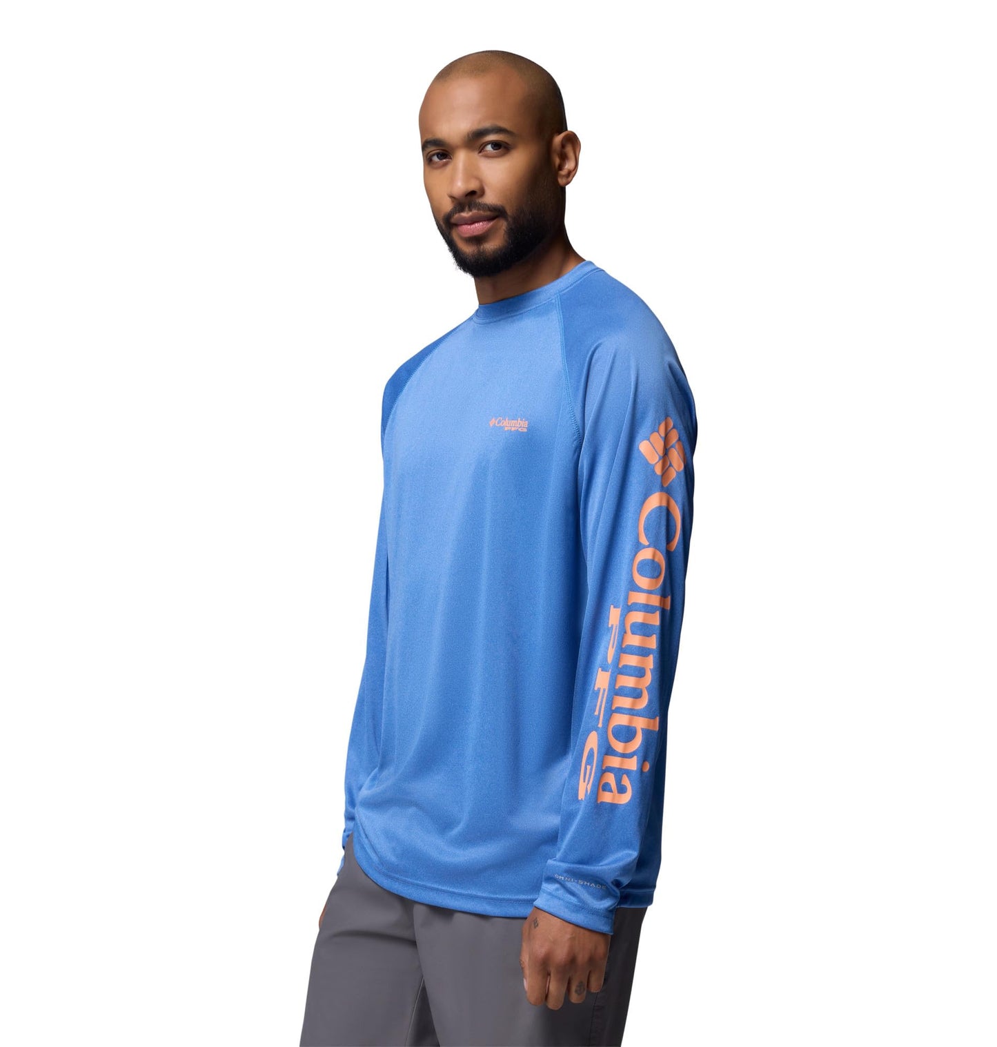 Columbia Men's PFG Terminal Tackle Long Sleeve Fishing Shirt, Vivid Blue Heather/Bright Nectar Logo, Large Tall