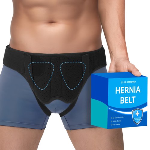Tovrinala Hernia Belt for Men and Women, Hernia Support Truss for Single/Double Inguinal, Adjustable Waist Strap with 2 Removable Compression Pads, Black