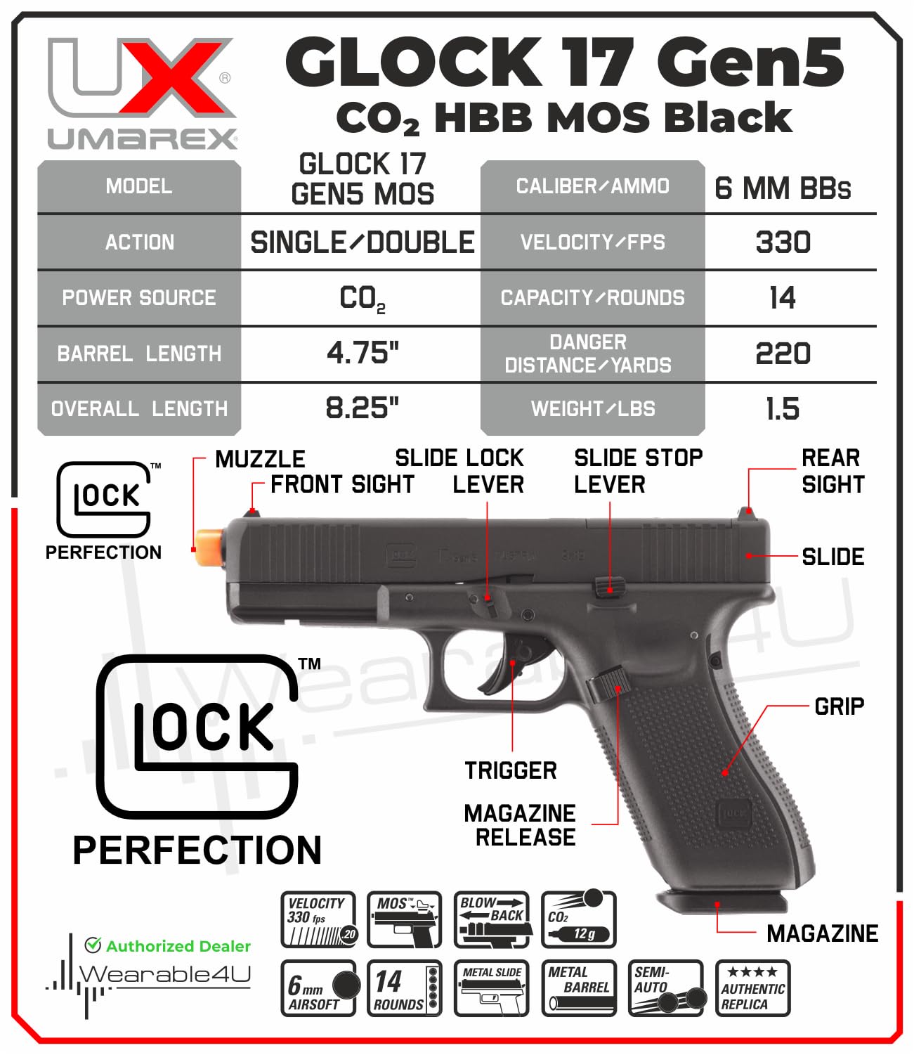 Glock 17 Gen 5 MOS Half-Blowback 6mm BB Gun Airsoft Pistol