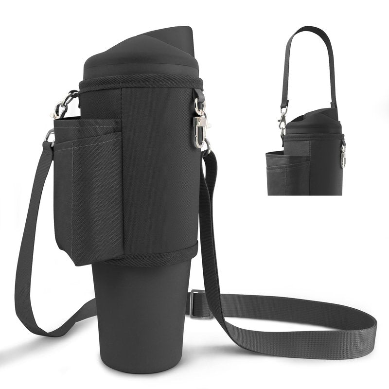BydGxy Fits Owala 40oz FreeSip Tumbler & Stanley 40 oz Cup, Water Bottle Carrier Bag with Phone Pocket & Chapstick Holder, for Owala 40oz Tumbler, Adjustable Crossbody Strap & Handle (Black)