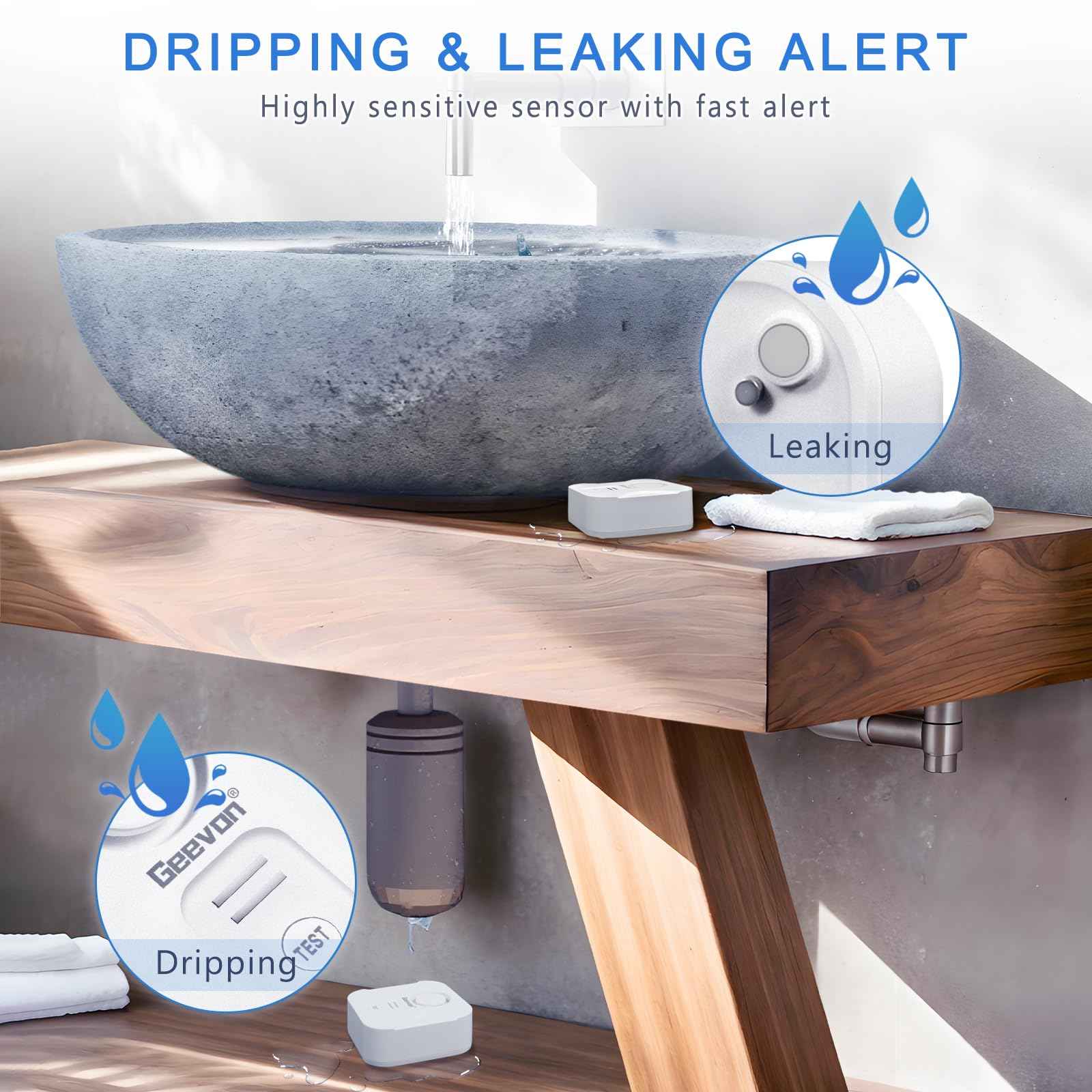 Geevon 4 Pack Water Leak Detectors for Home, 100dB Loud Water Alarm Sensor Leak Detection with Drip Alert for Basements, Laundry Rooms, Kitchen, IP56 Waterproof(Battery Included)