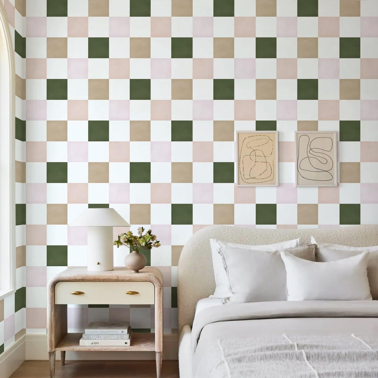 Ismoon Wall Paper Peel and Stick Modern Plaid Wallpaper 17.3" x 78.7" Green and White Mosaic Checkered Wallpaper Geometric Contact Paper for Bathroom Cabinets and Drawers Decor