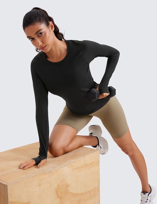 CRZ YOGA Seamless Long Sleeve Shirts for Women - Breathable Workout Tops | Waist Length Athletic Crewneck