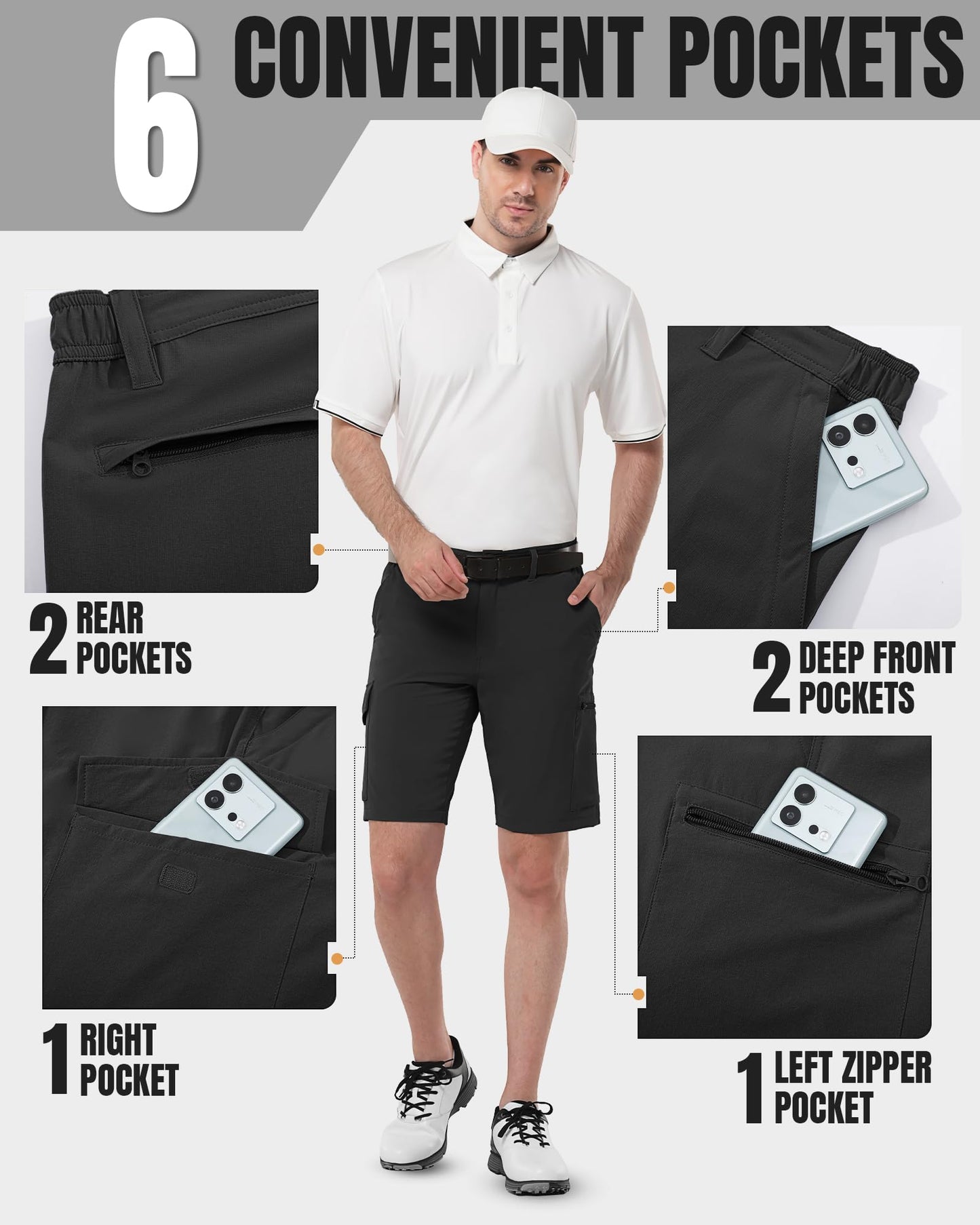 33,000ft Men's Golf Shorts 10" Inseam with Zipper Pocket Lightweight Quick Dry Stretch Hiking Cargo Shorts for Travel Fishing Black