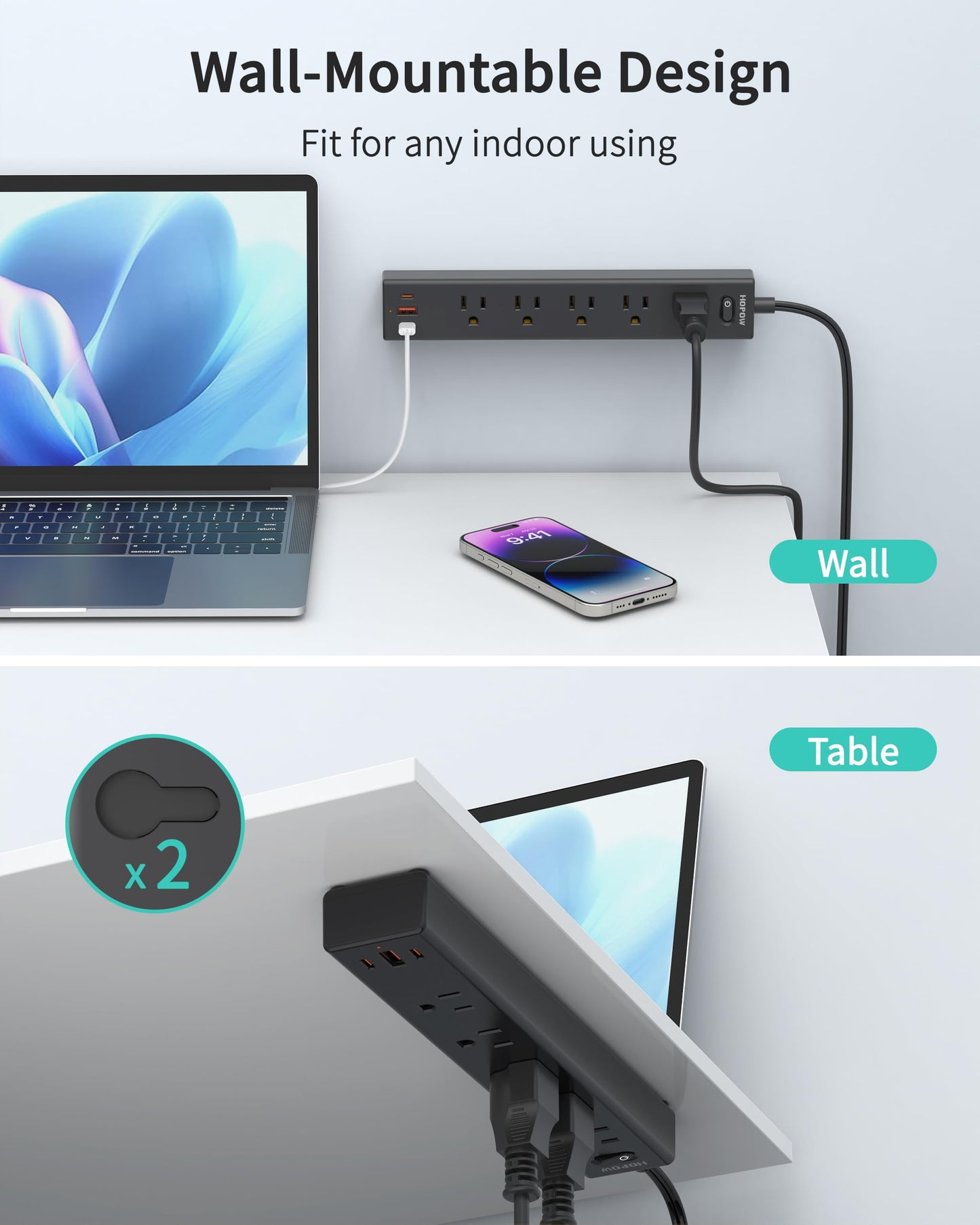 HOPOW 2 Prong Power Strip, 2 to 3 Prong Outlet Adapter with Polarized Plug, 1700J Surge Protector, 6ft Two Prong Extension Cord, 5 AC Outlets & 3 USB(5V 3.4A Max), Wall Mount for Non-Grounded Outlet
