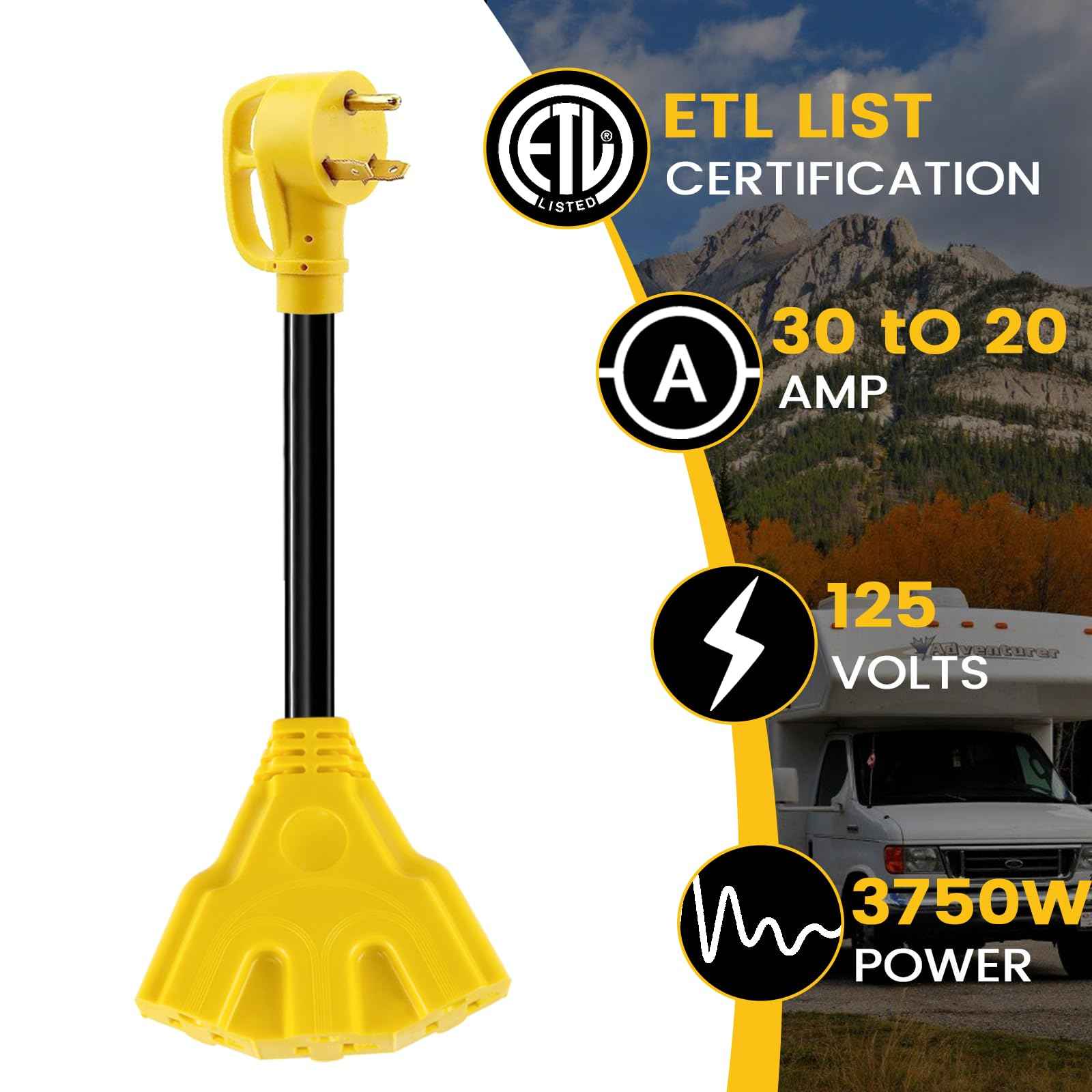 KANGIKX 30 Amp to 110V 20 Amp RV Distribution Adapter, NEMA TT-30P Male to 3X5-15/20R Female RV Generator Adapter Cord, 30 to 20Amp 125V 3-Prong to Multiple Household Outlet 1.6FT