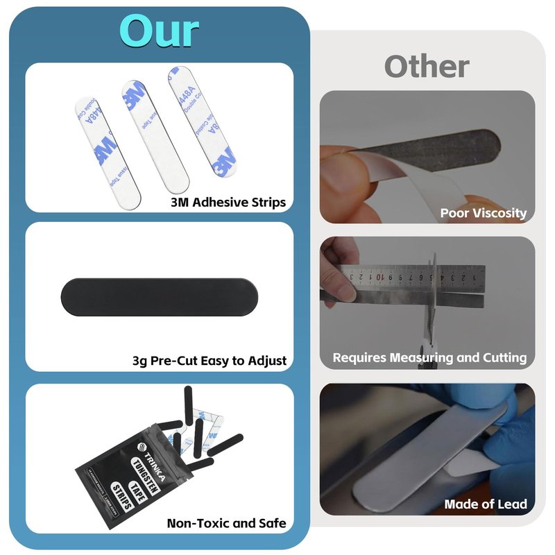 TRINKA 10pcs 3g Tungsten Tape Strips for Pickleball Paddle Weights Customization, Non-Toxic Pickleball Lead Tape Alternative with Extra Strength 3M Adhesive