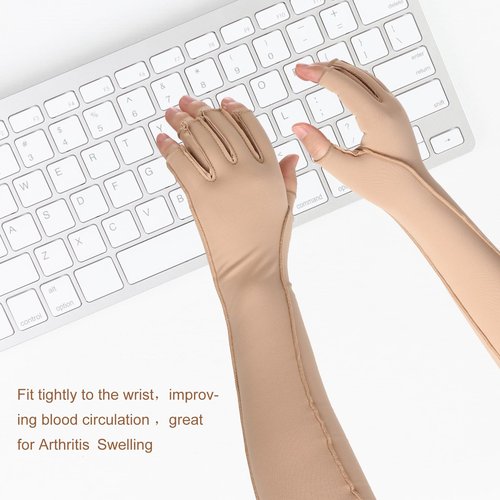 Janmercy 3 Pairs Arthritis Compression Gloves for Women and Men Carpal Tunnel Pain Relief, Rheumatoid, Swelling Tendonitis(Extended,Nude)