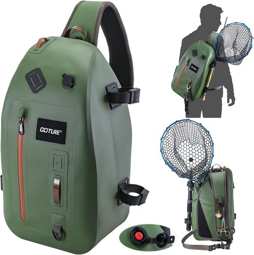 Goture Waterproof Fly Fishing Sling Pack - 13L Tackle Backpack with Rod Holder & Airtight Zipper | Ideal for Kayaking & Hiking