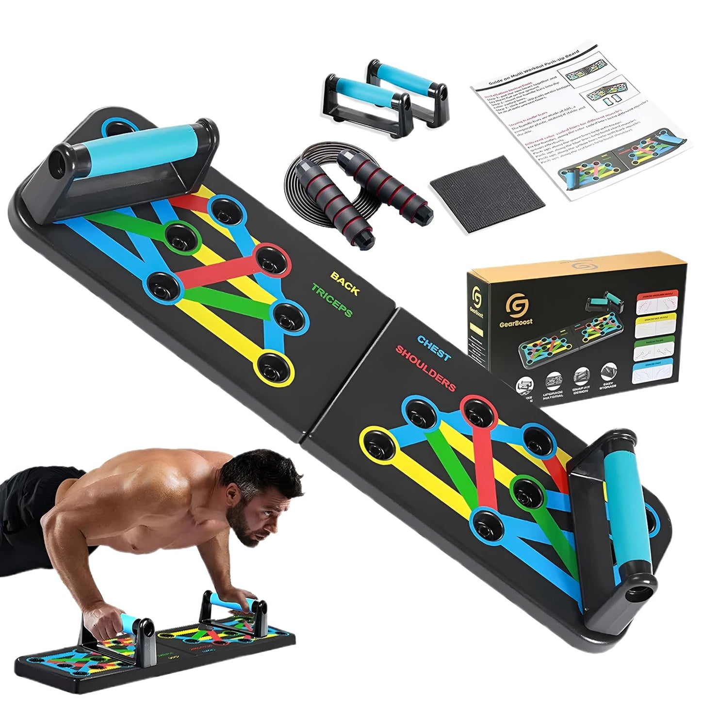 Push Up Board with Adjustable Jump Rope | Push Up Board for Men & Women | Multi-functional Push Up Bar System | Perfect Pushup Board for Exercise | Home Workout Equipment (9 in 1 Black)