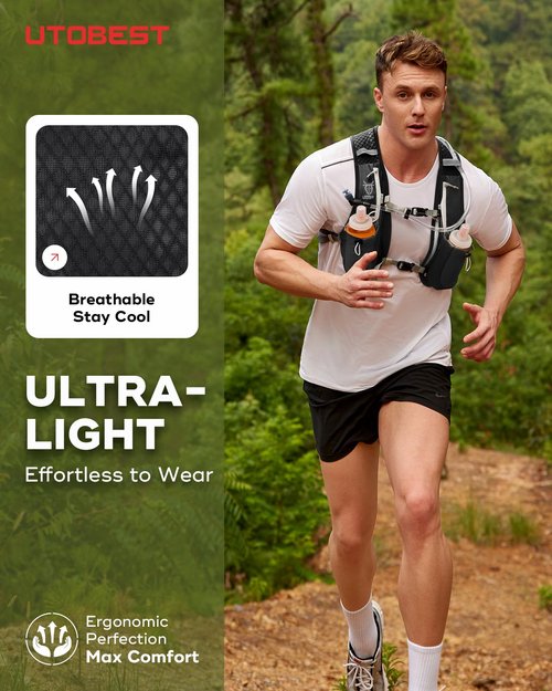UTOBEST Running Vest, 5L Hydration Vest Lightweight, Breathable and Sweatproof Running Backpack, Adjustable for Trail Marathon Race Jogging Cycling Black (Vest Only)