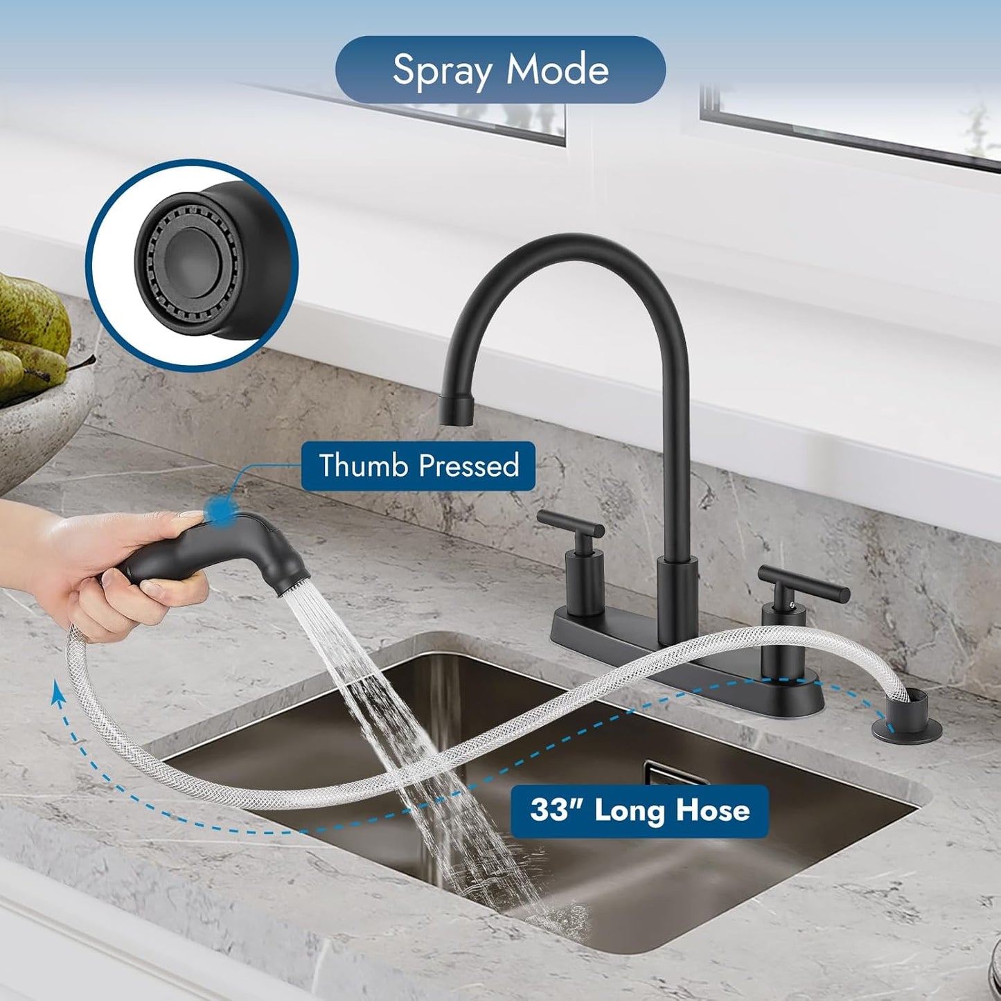 Brushed Nickel Kitchen Faucet with 360° Rotating Spout & Side Sprayer - 2 Handle, 8 Inch Centerset