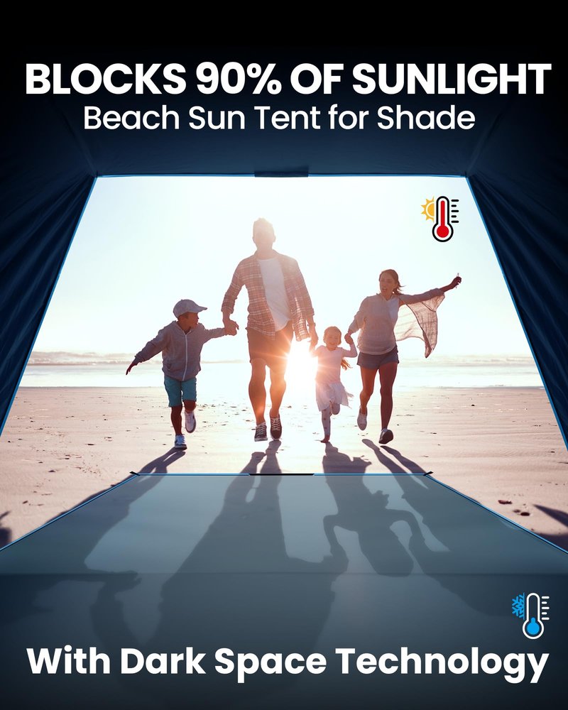 OutdoorMaster Beach Tent with Blackout Shelter Technology, Portable Sun Shade Shelter 4 Person, Pop Up Beach Tents with UPF 50+ UV Protection, 9.5mm Thick Pole, 3 Ventilating Mesh Windows