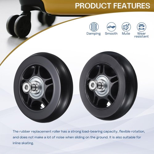 HiPicco Luggage Suitcase Replacement Wheels, 90x24mm Rubber Swivel Caster Bearings Repair Kit - Include 2 PU Bearing Wheels & Washers, Wrenches & Axle Screw for Trolley Bag, Caster Board