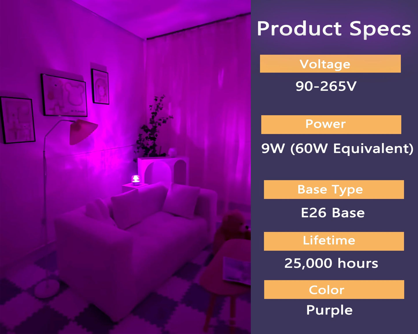 U4GLORY 4 Pack LED Purple Light Bulbs - A19 9W(60W Equivalent) E26 Base LED Purple Light Bulb for Party Decoration, Porch, Halloween Christmas Wedding, Home/Holiday Lighting, Decorative Illumination