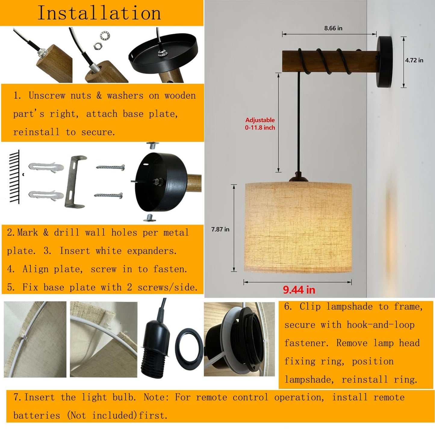 Yiridrme Battery Operated Wall Sconces Set of 2, Wireless Rechargeable Wall Light with Lampshade & Remote, Dimmable Wall Lamp for Bedroom, Living Room, Hallway