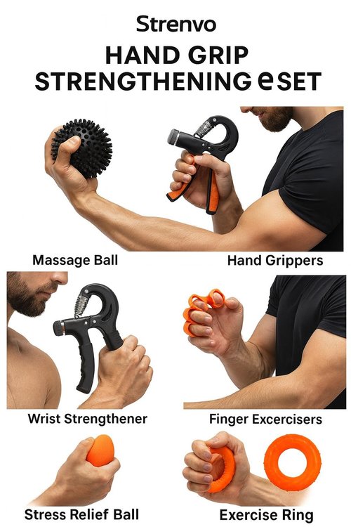 Strenvo Hand Grip Strengthener Complete Set – 12 PCS | Forearm, Finger, Wrist & Hand Exerciser Kit for Men & Women | Adjustable Resistance, Finger Stretcher, Therapy Ball & More | Home & Office Workout (Orange)