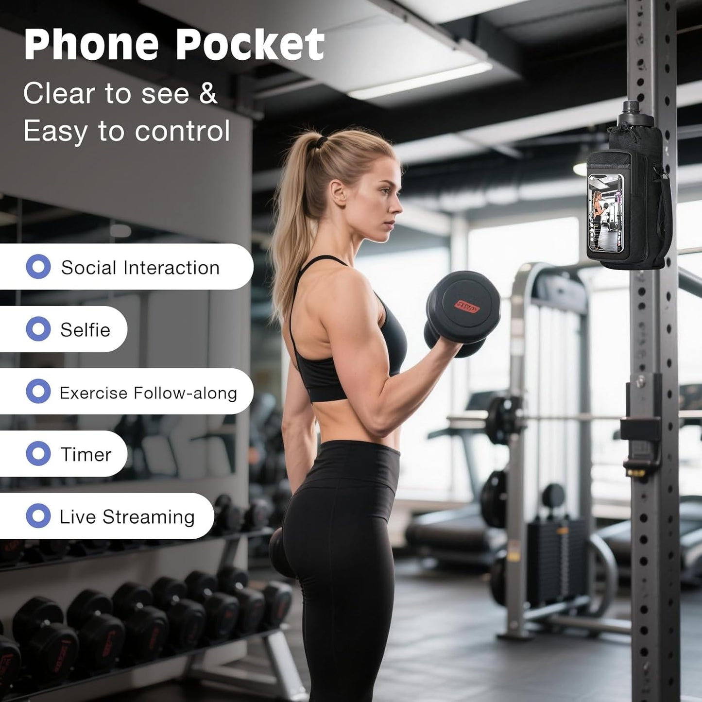 MoKo Magnetic Gym Bag - Water Bottle Holder with Clear Phone Pouch | 4 Built-in Magnets, Black