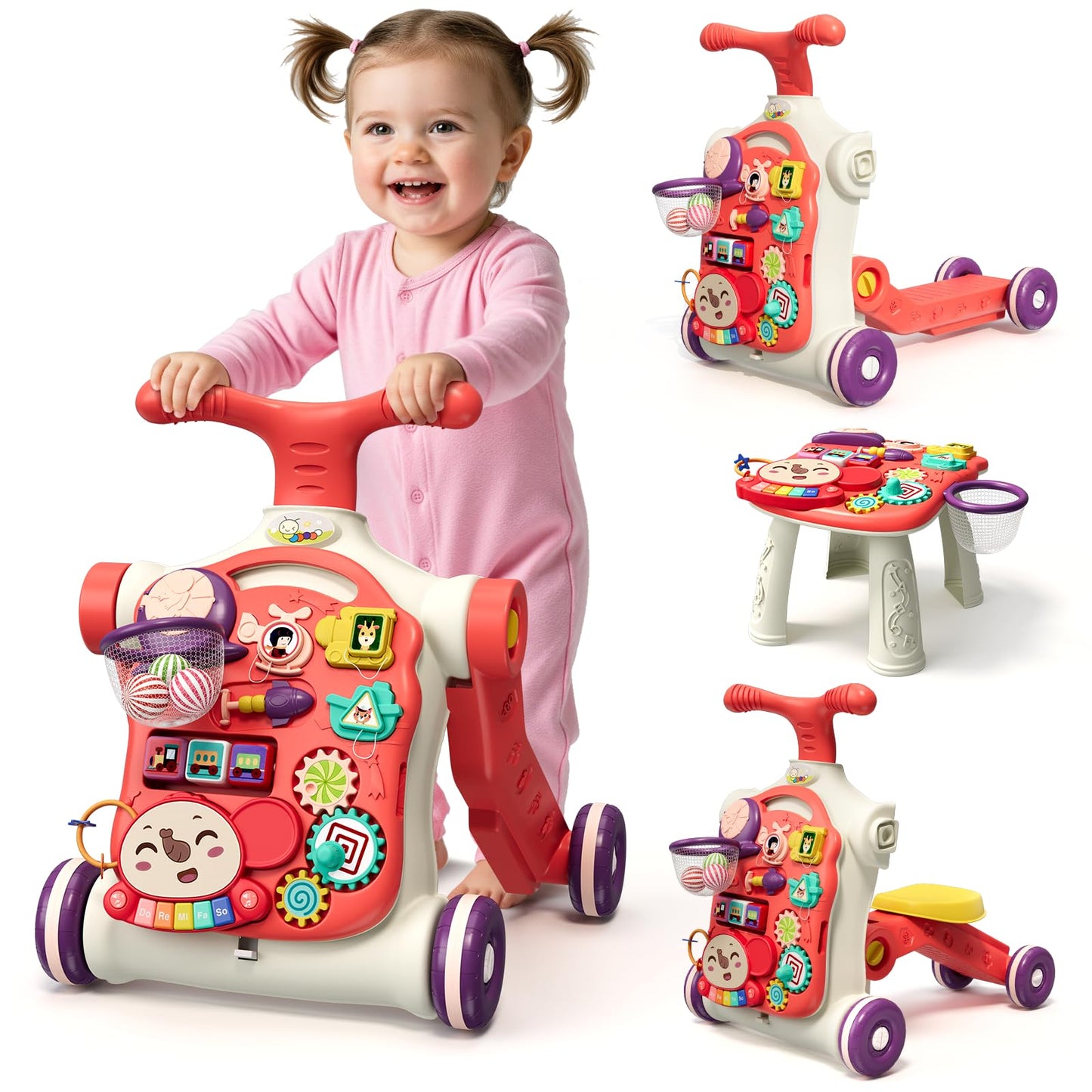 HYES Upgraded 5 in 1 Baby Walker and Activity Center for Baby Girl, Learning to Walk, Sit to Stand, Early Learning Push Toys for Infant 12 Months, Walking Toys Gift for Toddler Girls, Red