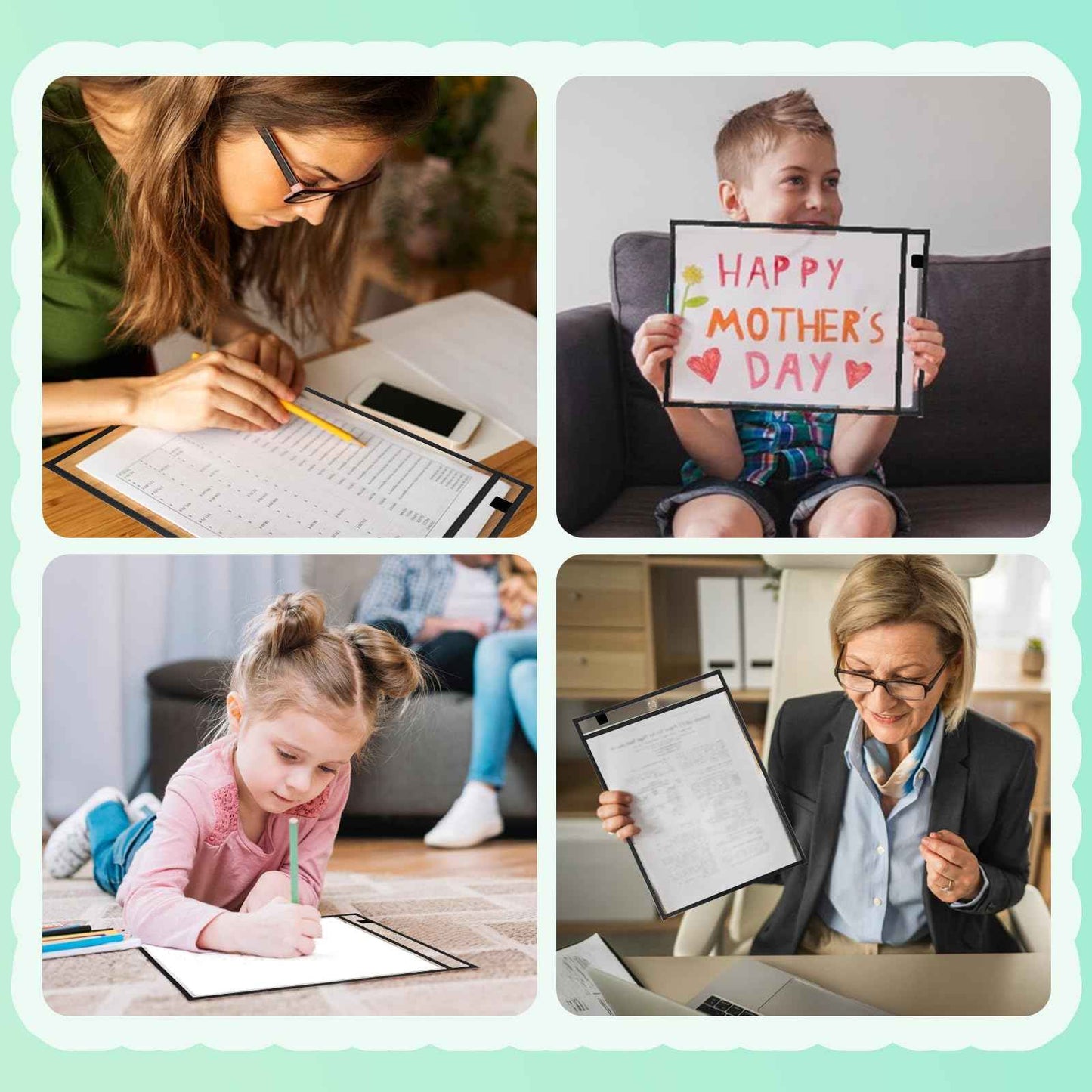 EEHZTSI 50 Packs Dry Erase Pocket Sleeves, Reusable Clear Plastic Classroom Sleeves, 10x14 Inch Ticket Holders, Plastic Sleeves for School/Office Organization Black