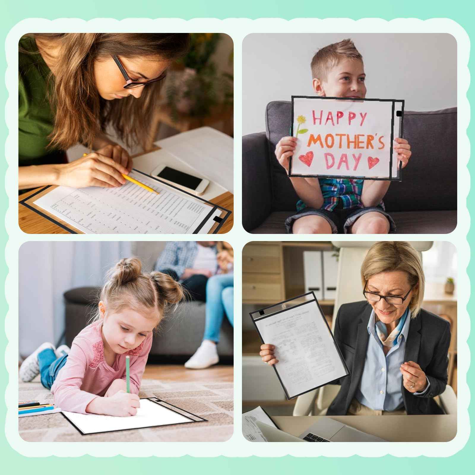 EEHZTSI 50 Packs Dry Erase Pocket Sleeves, Reusable Clear Plastic Classroom Sleeves, 10x14 Inch Ticket Holders, Plastic Sleeves for School/Office Organization Black