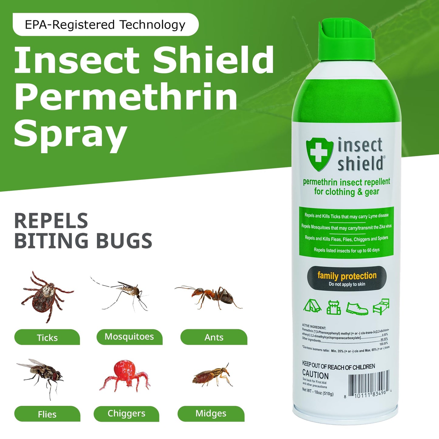 Insect Shield Premium Permethrin Spray - Tick, Flea, Fly, Mosquito, Chigger, Spider & Bed Bug Repellent for Clothing, Gear, Furniture, & Tents, Lasts up to 60 Days, Clear, 18 Oz Aerosol, Pack of 2