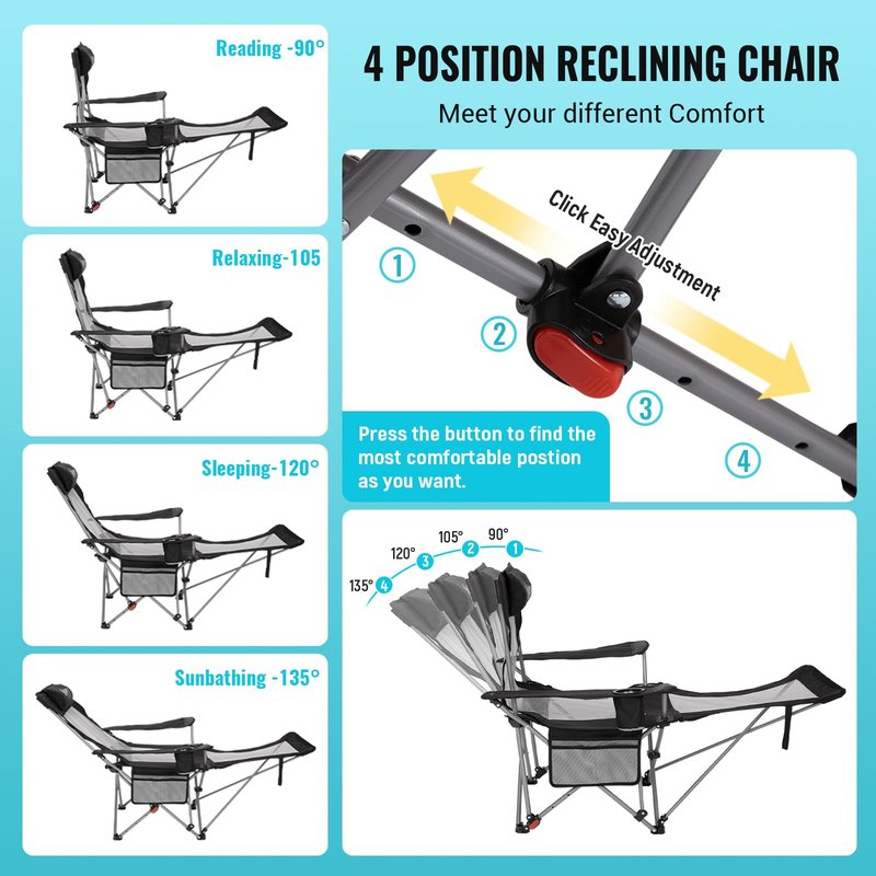 #WEJOY 2-in-1 Reclining Camping Chair with Footrest for Adults Folding Lounge Chair with Adjustable Backrest Lightweight Camping Chairs Heavy Duty Camp Chairs for Outdoor (1, Black Grey)
