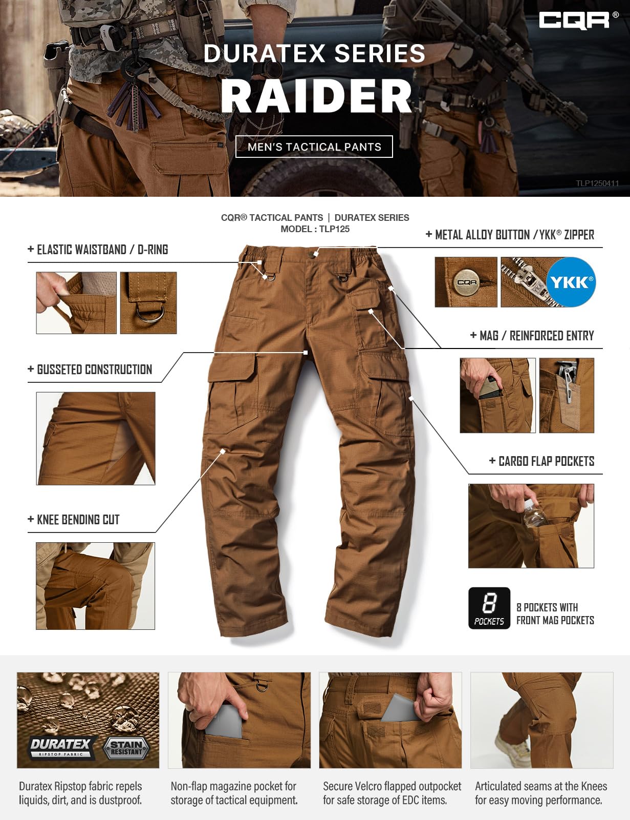 CQR Men's Tactical Pants, Water Resistant Ripstop Cargo Pants, Lightweight EDC Work Hiking Pants, Outdoor Apparel, Duratex Mag Pocket Copper Brown, 34W x 34L