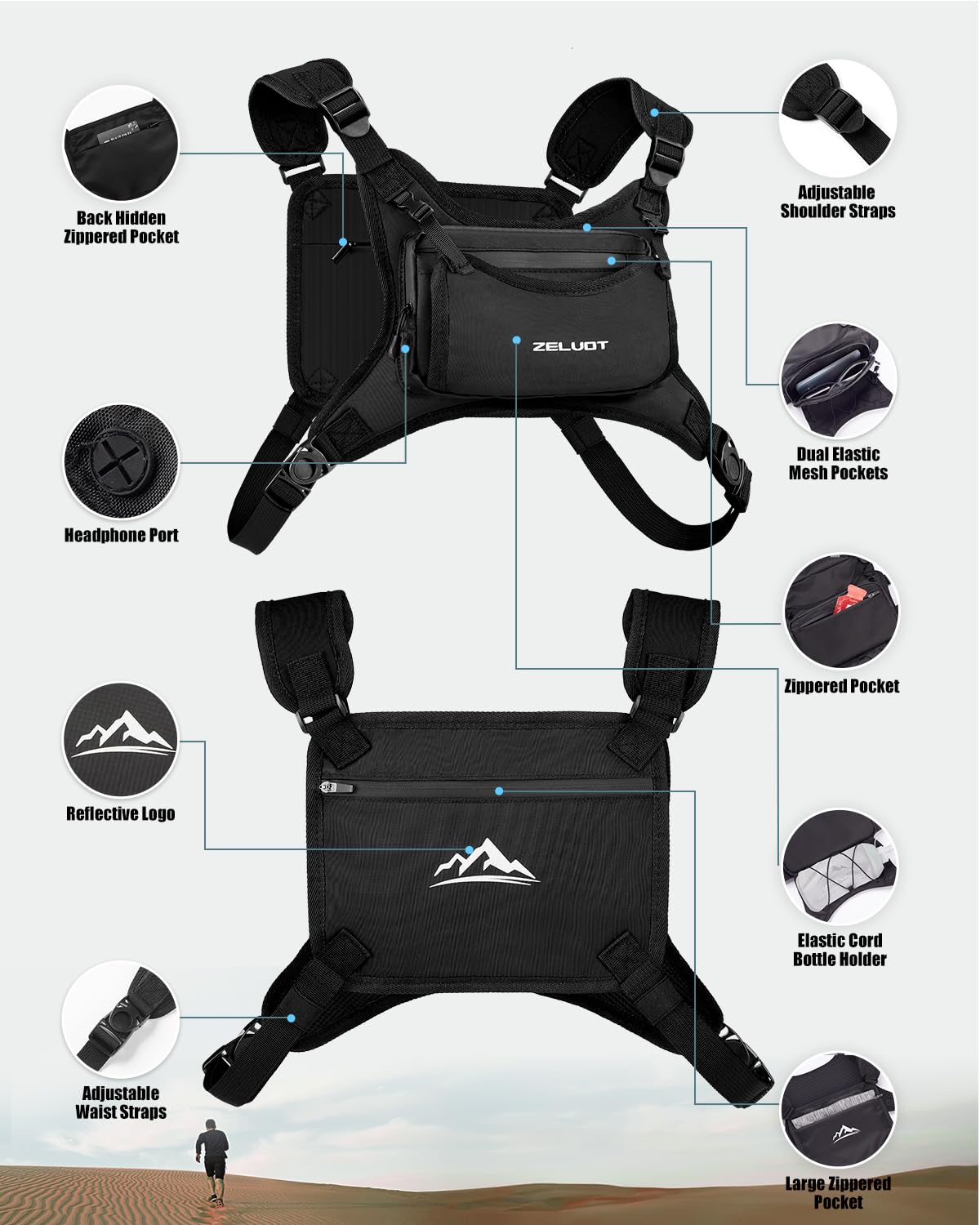 Zelvot Running Vest with 350ml Soft Flask, Lightweight Adjustable Chest Pack with 4 Pockets, Reflective Chest Bag for Women Men for Trail Running, Hiking, Cycling, Marathon (Black, M/L)