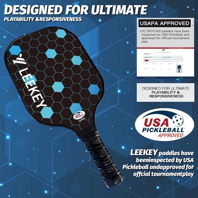LEEKEY Pickleball Paddles Set of 2 - USAPA Approved Fiberglass Pickleball Racket, Racquet Made of Polypropylene Honeycomb Core,Lightweight Design Pickleball Paddles for Men Women Beginners