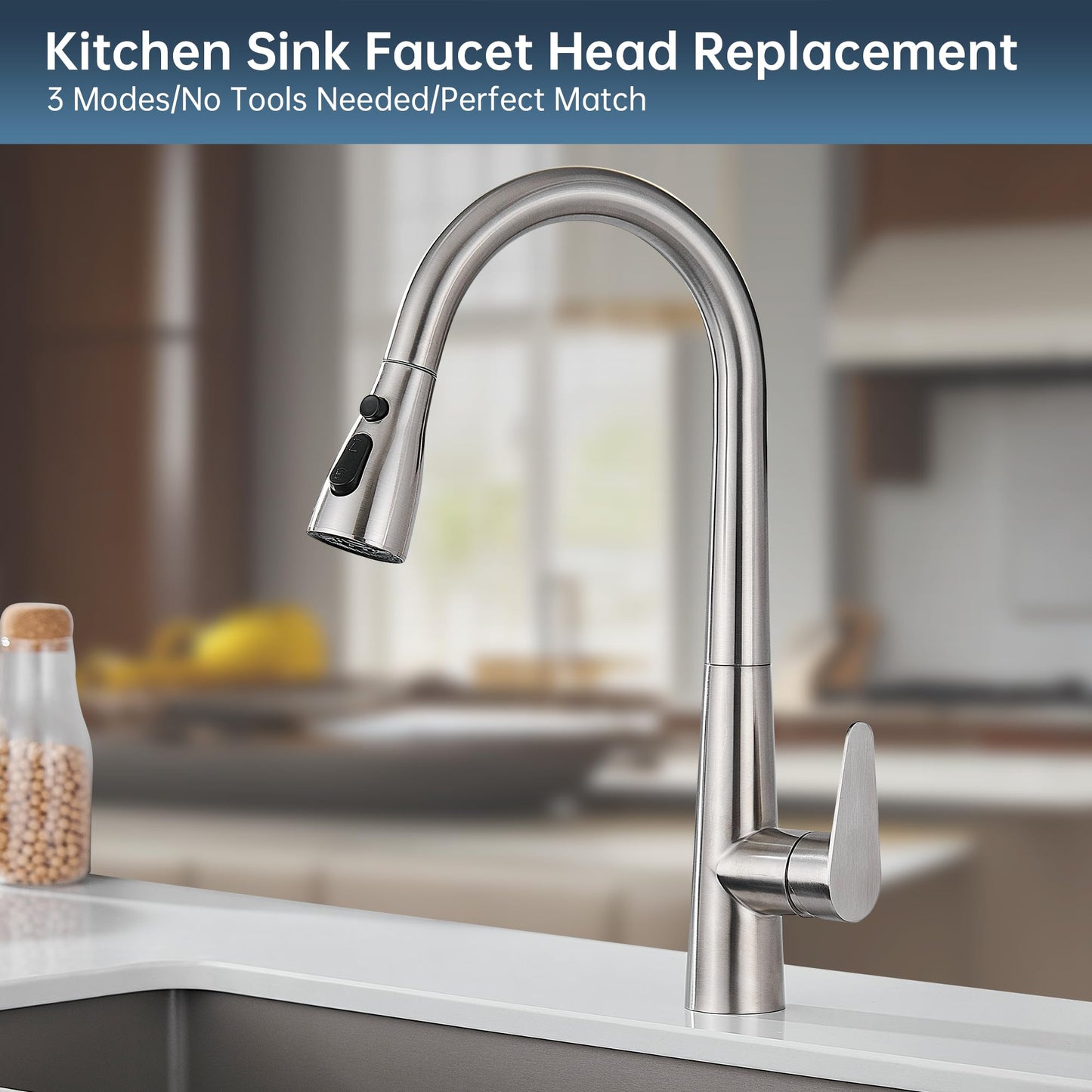 Pull Down Kitchen Faucet Head Replacement,3 Function Kitchen Faucet Head High Pressure Kitchen Sink Sprayer Replacement with 11Adapters Compatible with American Standard, Brushed Nickel